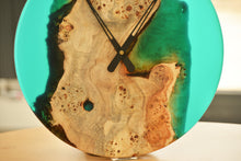 Load image into Gallery viewer, Poplar mappa burl timber 40cm daiameter wall hanging clock with transparent turquoise blue resin.
