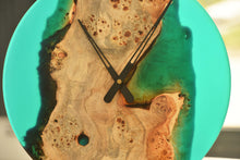 Load image into Gallery viewer, Poplar mappa burl timber 40cm daiameter wall hanging clock with transparent turquoise blue resin.