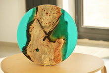 Load image into Gallery viewer, Poplar mappa burl timber 40cm daiameter wall hanging clock with transparent turquoise blue resin.