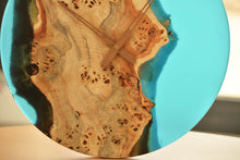 Load image into Gallery viewer, Poplar mappa burl timber 40cm daiameter wall hanging clock with transparent Light blue resin.