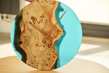 Load image into Gallery viewer, Poplar mappa burl timber 40cm daiameter wall hanging clock with transparent Light blue resin.