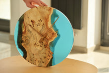 Load image into Gallery viewer, Poplar mappa burl timber 40cm daiameter wall hanging clock with transparent Light blue resin.