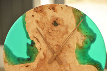 Load image into Gallery viewer, Poplar mappa burl timber 40cm daiameter wall hanging clock with transparent Light green resin.