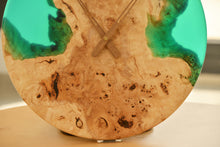 Load image into Gallery viewer, Poplar mappa burl timber 40cm daiameter wall hanging clock with transparent Light green resin.