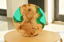 Load image into Gallery viewer, Poplar mappa burl timber 40cm daiameter wall hanging clock with transparent Light green resin.