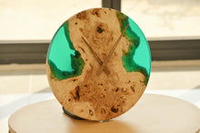 Load image into Gallery viewer, Poplar mappa burl timber 40cm daiameter wall hanging clock with transparent Light green resin.