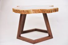 Load image into Gallery viewer, Round sliced walnut resin coffee table with unique cracks and holes inlays in turquoise colour