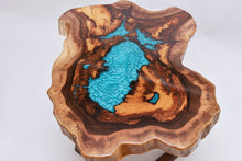Load image into Gallery viewer, Round sliced walnut resin coffee table with unique cracks and holes inlays in turquoise colour