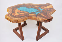 Load image into Gallery viewer, Round sliced walnut resin coffee table with unique cracks and holes inlays in turquoise colour