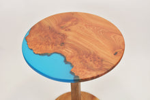 Load image into Gallery viewer, Unique and stunning burl Scottish Elm side table with transparent blue resin.