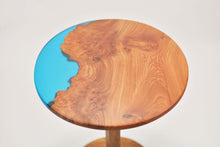 Load image into Gallery viewer, Unique and stunning burl Scottish Elm side table with transparent blue resin.