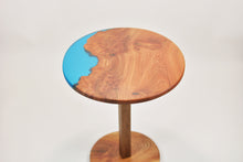 Load image into Gallery viewer, Unique and stunning burl Scottish Elm side table with transparent blue resin.