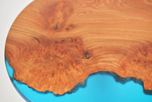 Load image into Gallery viewer, Unique and stunning burl Scottish Elm side table with transparent blue resin.