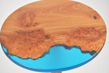Load image into Gallery viewer, Unique and stunning burl Scottish Elm side table with transparent blue resin.