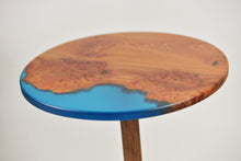 Load image into Gallery viewer, Unique and stunning burl Scottish Elm side table with transparent blue resin.