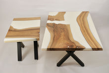 Load image into Gallery viewer, Walnut and white resin coffee and side tables.