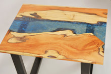 Load image into Gallery viewer, English yew coffee table with blue and sapphire epoxy resin
