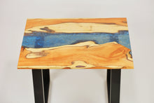 Load image into Gallery viewer, English yew coffee table with blue and sapphire epoxy resin