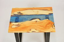 Load image into Gallery viewer, English yew coffee table with blue and sapphire epoxy resin