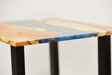 Load image into Gallery viewer, English yew coffee table with blue and sapphire epoxy resin