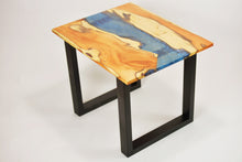 Load image into Gallery viewer, English yew coffee table with blue and sapphire epoxy resin