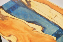 Load image into Gallery viewer, English yew coffee table with blue and sapphire epoxy resin