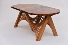 Load image into Gallery viewer, Burl Scottish Elm oval black transparent epoxy resin coffee table with creative DNA Oak wood legs.