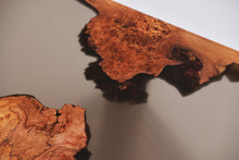 Load image into Gallery viewer, Burl Scottish Elm oval black transparent epoxy resin coffee table with creative DNA Oak wood legs.