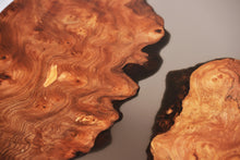 Load image into Gallery viewer, Burl Scottish Elm oval black transparent epoxy resin coffee table with creative DNA Oak wood legs.