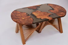 Load image into Gallery viewer, Burl Scottish Elm oval black transparent epoxy resin coffee table with creative DNA Oak wood legs.