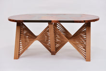 Load image into Gallery viewer, Burl Scottish Elm oval black transparent epoxy resin coffee table with creative DNA Oak wood legs.