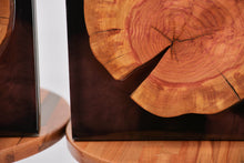Load image into Gallery viewer, Two Plum wood slices wall Art Decor and light, handcrafted, wall hanging, resin art.