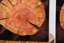 Load image into Gallery viewer, Two Plum wood slices wall Art Decor and light, handcrafted, wall hanging, resin art.