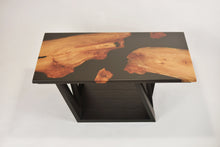 Load image into Gallery viewer, Black Resin Scottish Elm Wooden Coffee Table with creative oak wood base.