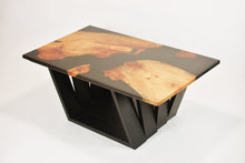 Load image into Gallery viewer, Black Resin Scottish Elm Wooden Coffee Table with creative oak wood base.