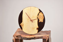 Load image into Gallery viewer, Black transparent epoxy resin with pippy oak hanging wall clock 30 cm diameter.