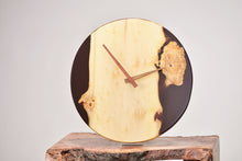 Load image into Gallery viewer, Black transparent epoxy resin with pippy oak hanging wall clock 30 cm diameter.