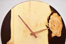 Load image into Gallery viewer, Black transparent epoxy resin with pippy oak hanging wall clock 30 cm diameter.