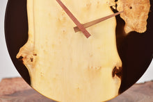 Load image into Gallery viewer, Black transparent epoxy resin with pippy oak hanging wall clock 30 cm diameter.