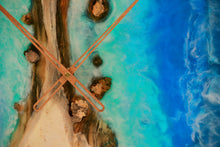 Load image into Gallery viewer, Large English oak and resin art clock Inspired reef and sea waves colors