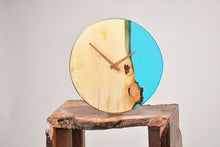 Load image into Gallery viewer, Sky blue transparent epoxy resin with oak hanging wall clock, 30 cm diameter.