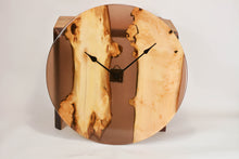 Load image into Gallery viewer, Large light black and brown transparent epoxy resin with pippy oak wall clock, 57cm Diameter.