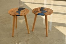 Load image into Gallery viewer, Hand made stunning pippy oak side table set of two with mixed blue and mid night blue resin, End table.