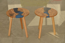 Load image into Gallery viewer, Hand made stunning pippy oak side table set of two with mixed blue and mid night blue resin, End table.