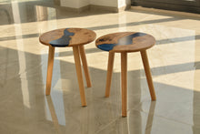 Load image into Gallery viewer, Hand made stunning pippy oak side table set of two with mixed blue and mid night blue resin, End table.