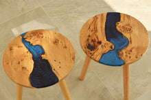 Load image into Gallery viewer, Hand made stunning pippy oak side table set of two with mixed blue and mid night blue resin, End table.