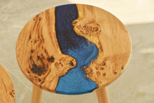 Load image into Gallery viewer, Hand made stunning pippy oak side table set of two with mixed blue and mid night blue resin, End table.