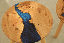 Load image into Gallery viewer, Hand made stunning pippy oak side table set of two with mixed blue and mid night blue resin, End table.