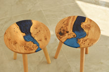 Load image into Gallery viewer, Hand made stunning pippy oak side table set of two with mixed blue and mid night blue resin, End table.