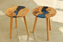 Load image into Gallery viewer, Hand made stunning pippy oak side table set of two with mixed blue and mid night blue resin, End table.